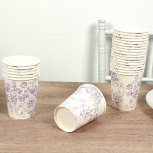 24-Pack Paper Cups 9oz White with Lavender Lilac French Toile Print - Chic Disposable Floral Party Cups for Hot & Cold Beverages